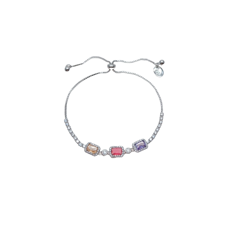 Colourful cubic zirconia tennis bracelet with rhodium plated finish and adjustable sliding length