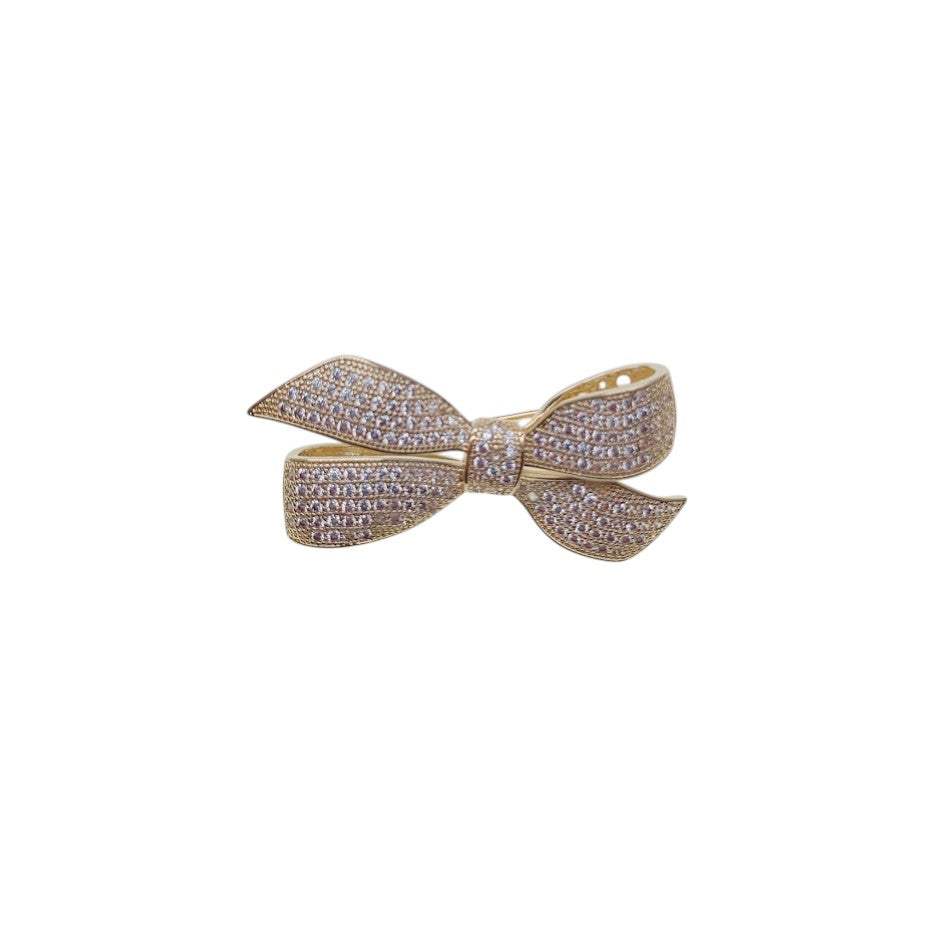 Gold-plated ribbon cubic zirconia brooch with C-clasp pin, 4.5cm x 2.5cm, elegant sparkle accessory