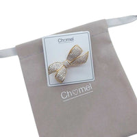 Gold-plated ribbon cubic zirconia brooch with C-clasp pin, 4.5cm x 2.5cm, elegant sparkle accessory