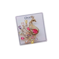 Gold plated peacock brooch with colorful cubic zirconia stones and C clasp closure