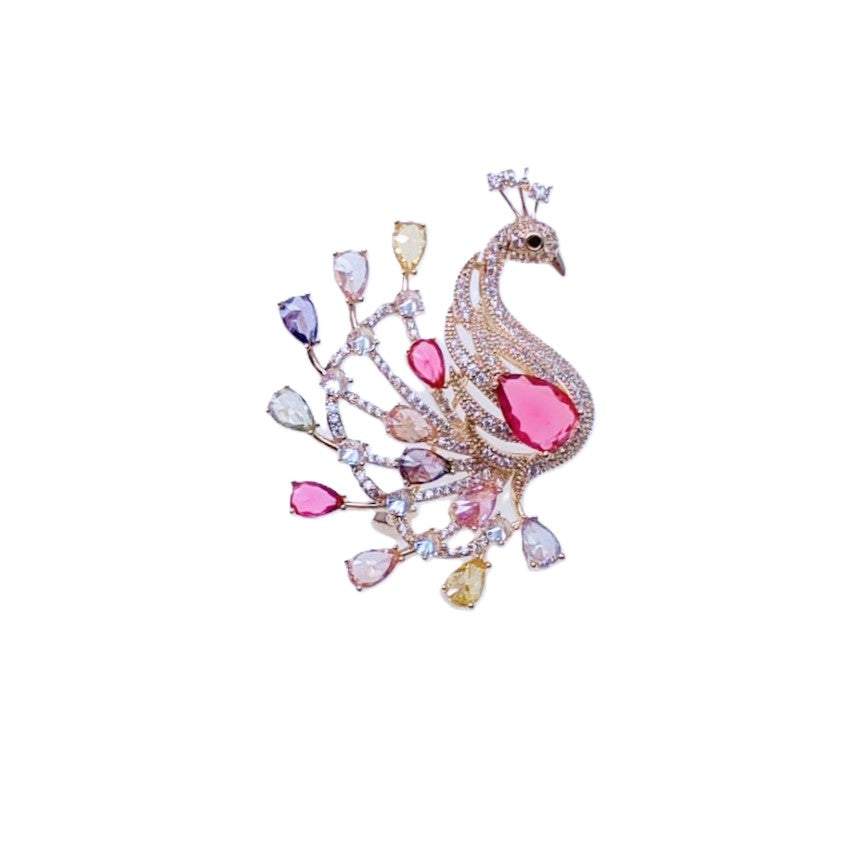 Gold plated peacock cubic zirconia brooch with colorful stones and pin clasp closure