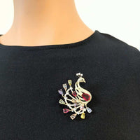 Gold plated peacock brooch with sparkling cubic zirconia and colorful stones, 3.6x4.8cm, pin clasp closure