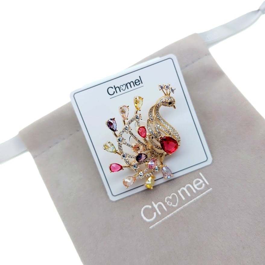 Gold plated peacock brooch with vibrant coloured cubic zirconia stones and pin clasp closure