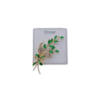 Gold plated leaf cubic zirconia brooch with green stones and C clasp closure