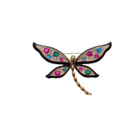 Dragonfly cubic zirconia brooch with coloured stones and black enamel outline, gold plated finish, 4.5cm x 2.8cm size