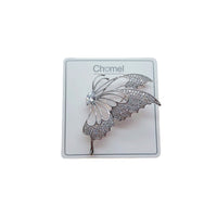 Butterfly cubic zirconia brooch in silver-tone metal, featuring sparkling pavé wings and delicate openwork details.