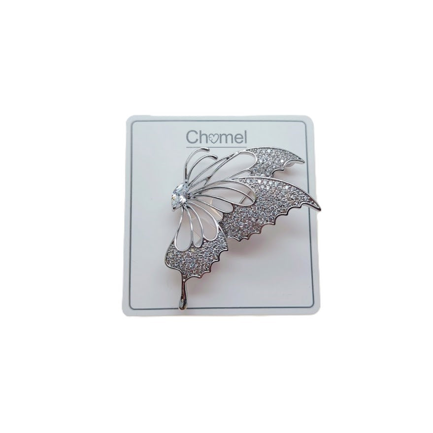 Butterfly cubic zirconia brooch in silver-tone metal, featuring sparkling pavé wings and delicate openwork details.