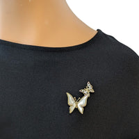 Two Butterfly Cubic Zirconia & Mother of Pearl Brooch