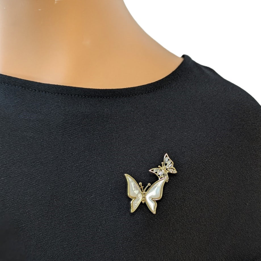 Two Butterfly Cubic Zirconia & Mother of Pearl Brooch