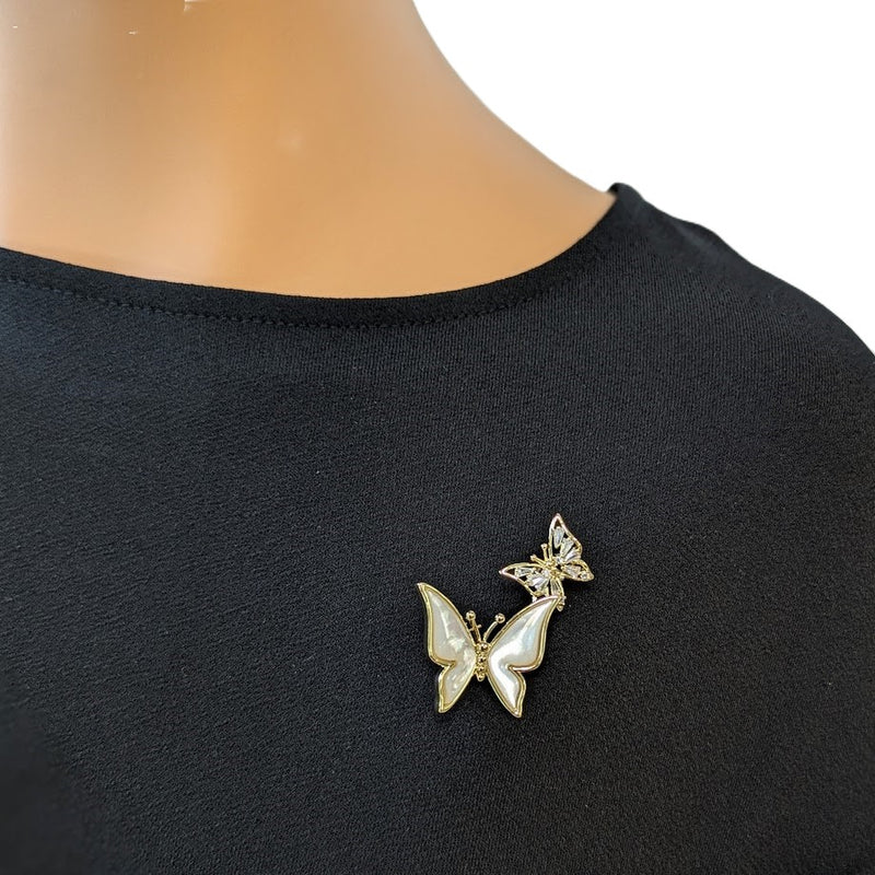 Two Butterfly Cubic Zirconia & Mother of Pearl Brooch
