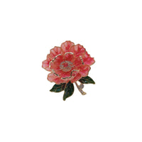 Flower Cubic Zirconia Brooch with pink enamel petals, green leaves, gold-tone detailing and a sparkling centre stone.