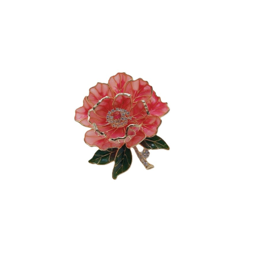 Flower Cubic Zirconia Brooch with pink enamel petals, green leaves, gold-tone detailing and a sparkling centre stone.