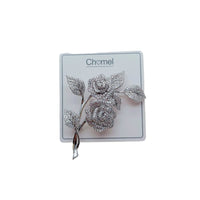 Silver Cubic Zirconia Brooch with sparkling rose flowers and textured leaves in a detailed floral design.