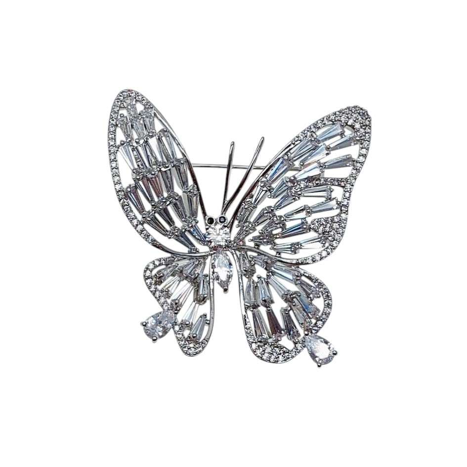 Butterfly Cubic Zirconia Brooch with rhodium plating and C clasp closure, 4.3cm by 4.4cm