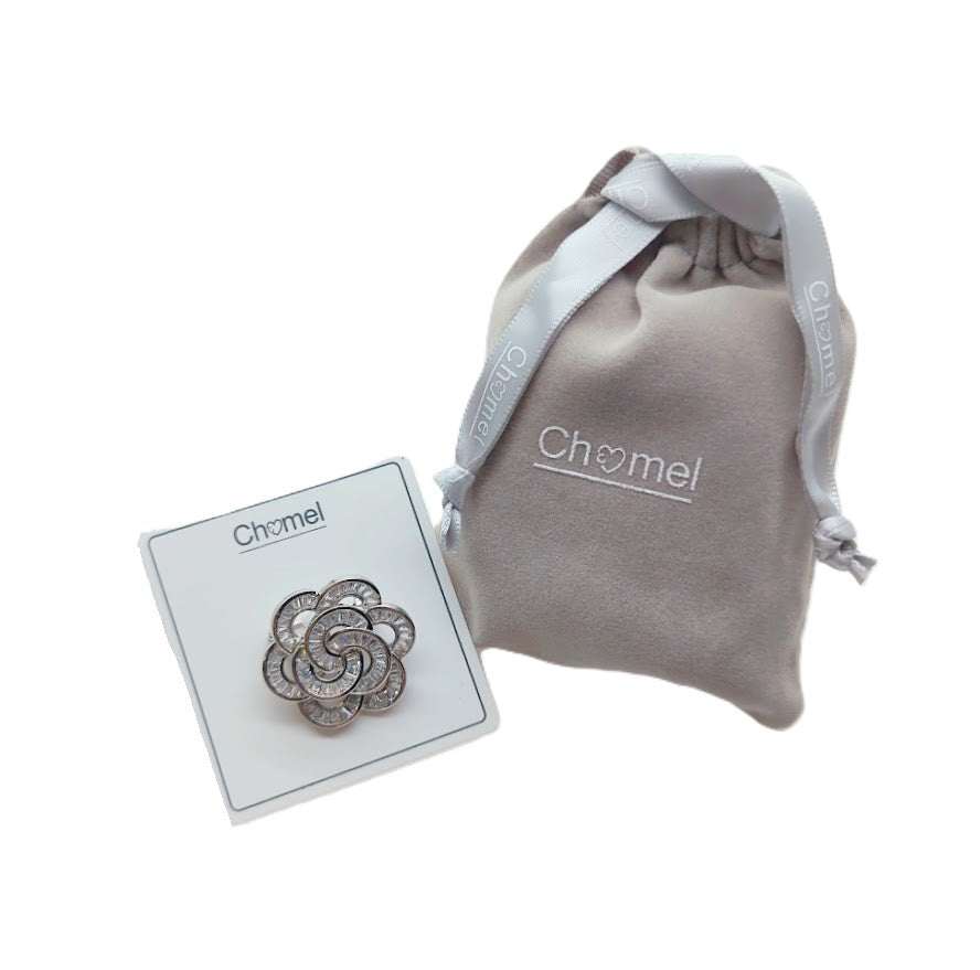Flower cubic zirconia brooch with baguette cut stones and rhodium plating sparkle accessory