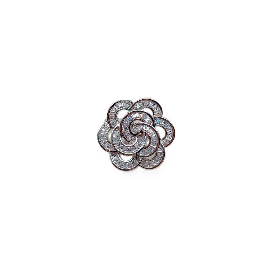 Flower cubic zirconia brooch with baguette cut stones and rhodium plating, 2.8cm x 2.6cm