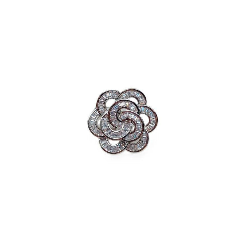 Flower cubic zirconia brooch with baguette cut stones and rhodium plating, 2.8cm x 2.6cm