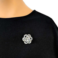 Flower cubic zirconia brooch with baguette cut stones and rhodium plating, 2.8cm by 2.6cm, elegant pin accessory