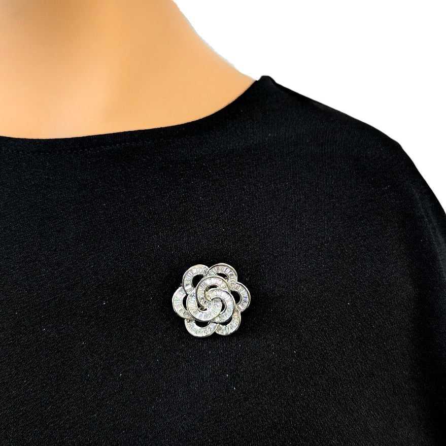 Flower cubic zirconia brooch with baguette cut stones and rhodium plating, 2.8cm by 2.6cm, elegant pin accessory
