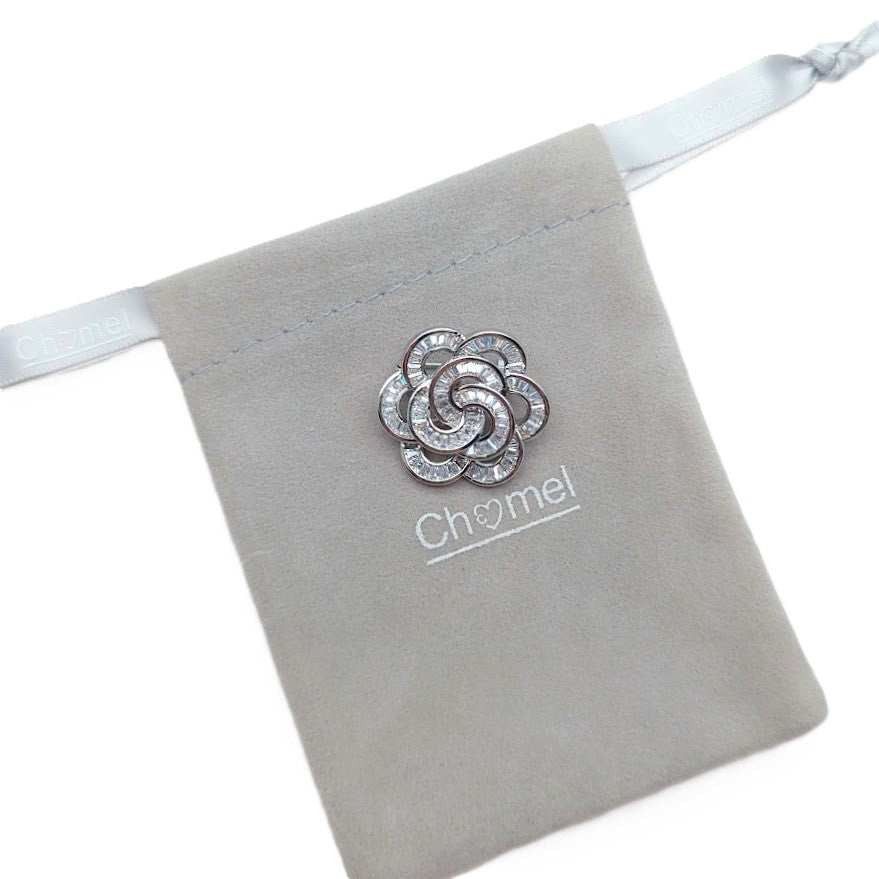 Flower cubic zirconia brooch with baguette stones and rhodium plating, 2.8cm by 2.6cm, elegant pin accessory