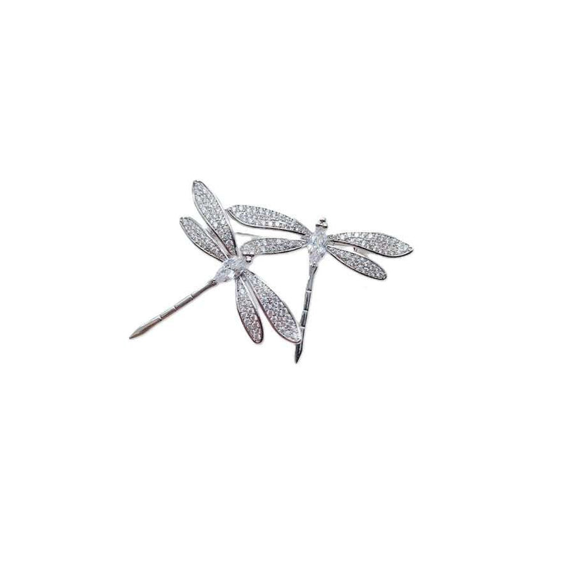Two dragonfly cubic zirconia brooch with rhodium plating and C clasp closure, size 5.9cm x 3.4cm