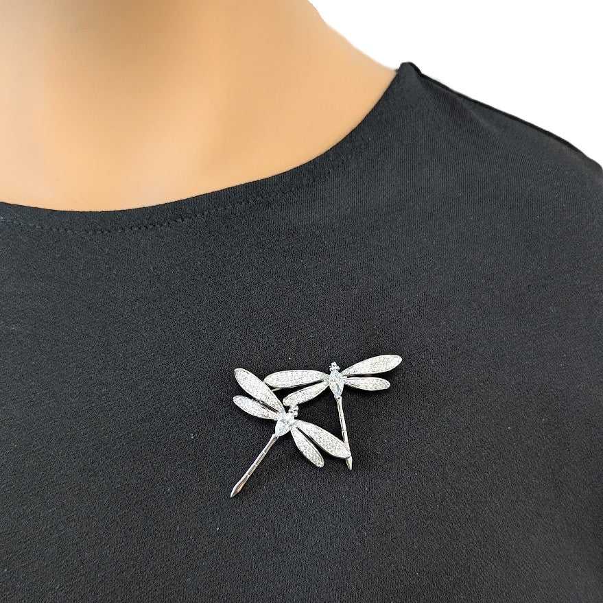 Elegant dragonfly cubic zirconia brooch with rhodium plating and intricate design