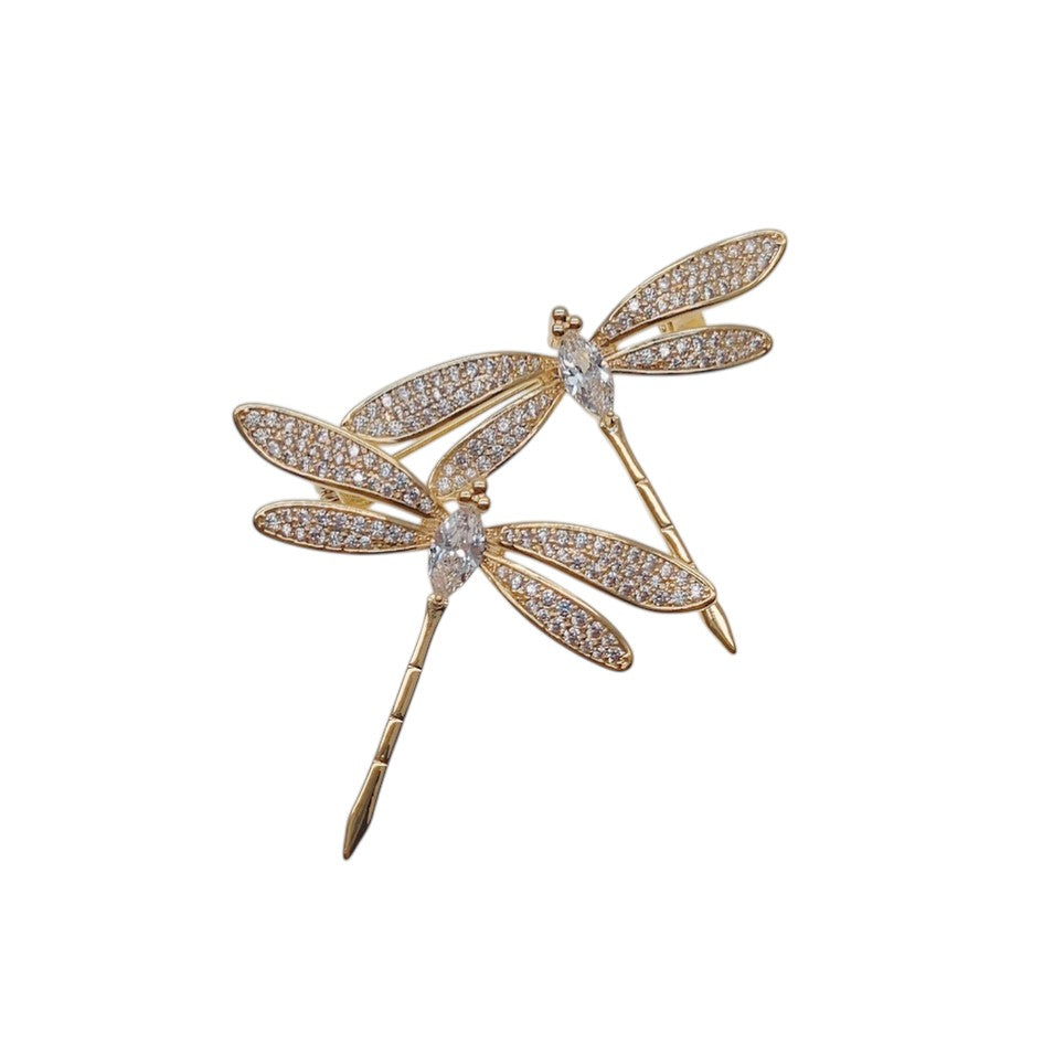 Gold-plated dragonfly cubic zirconia brooch with two dragonflies and pin clasp closure