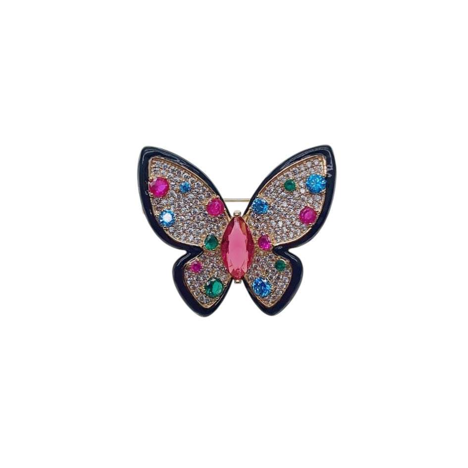 Butterfly cubic zirconia brooch with coloured stones and black enamel outline, gold plated finish, 3.5cm x 3.2cm size