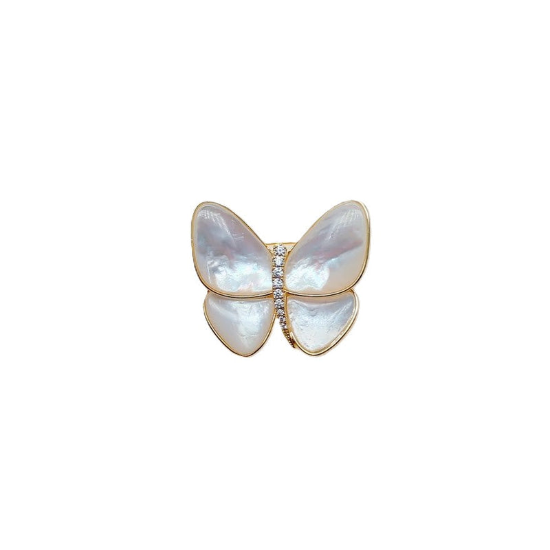 Mother of Pearl Brooch with iridescent white butterfly wings, gold-tone edging and a sparkling crystal body.