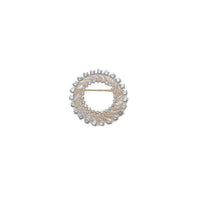 Gold plated round cubic zirconia brooch with baguette cut stones and C clasp closure