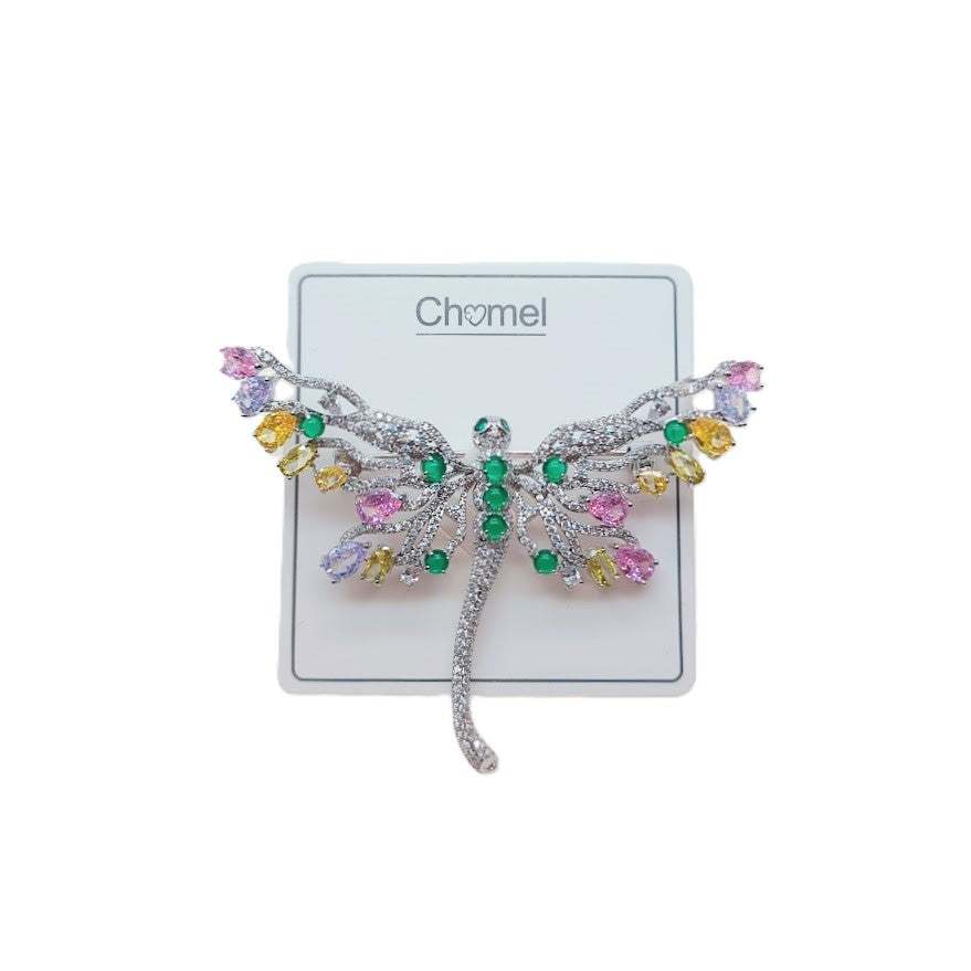 Dragonfly cubic zirconia brooch in silver-tone metal with sparkling clear stones and colourful pink, green, yellow and purple accents.
