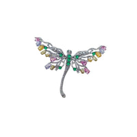 Dragonfly cubic zirconia brooch with a silver-tone metal body, sparkling clear stones, and colourful pastel accents on its wings.