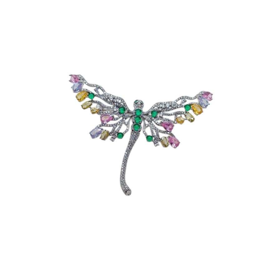 Dragonfly cubic zirconia brooch with a silver-tone metal body, sparkling clear stones, and colourful pastel accents on its wings.