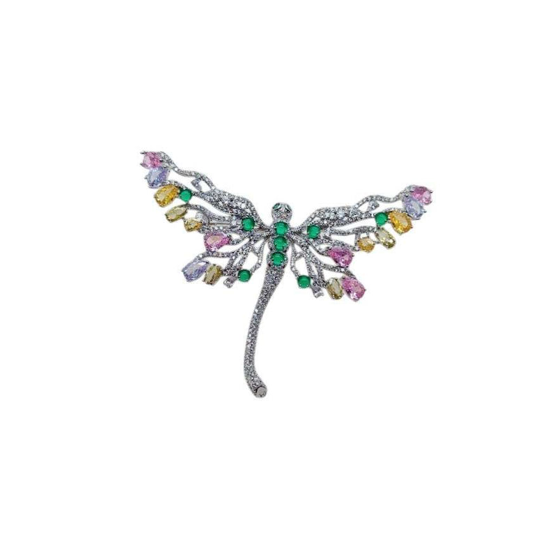 Dragonfly cubic zirconia brooch with a silver-tone metal body, sparkling clear stones, and colourful pastel accents on its wings.