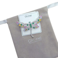 Dragonfly cubic zirconia brooch in silver-tone metal, with clear stones and colourful pink, green and yellow accents.
