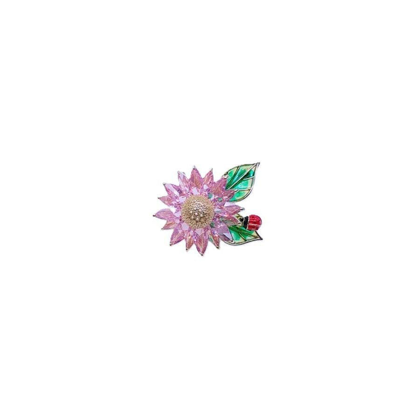 Pink cubic zirconia flower cubic zirconia brooch with green enamel leaves and red beetle, gold plated, 4.1cm x 3.6cm