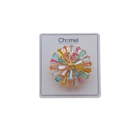 Round pastel cubic zirconia brooch with gold plating and C clasp closure, 3.5cm diameter