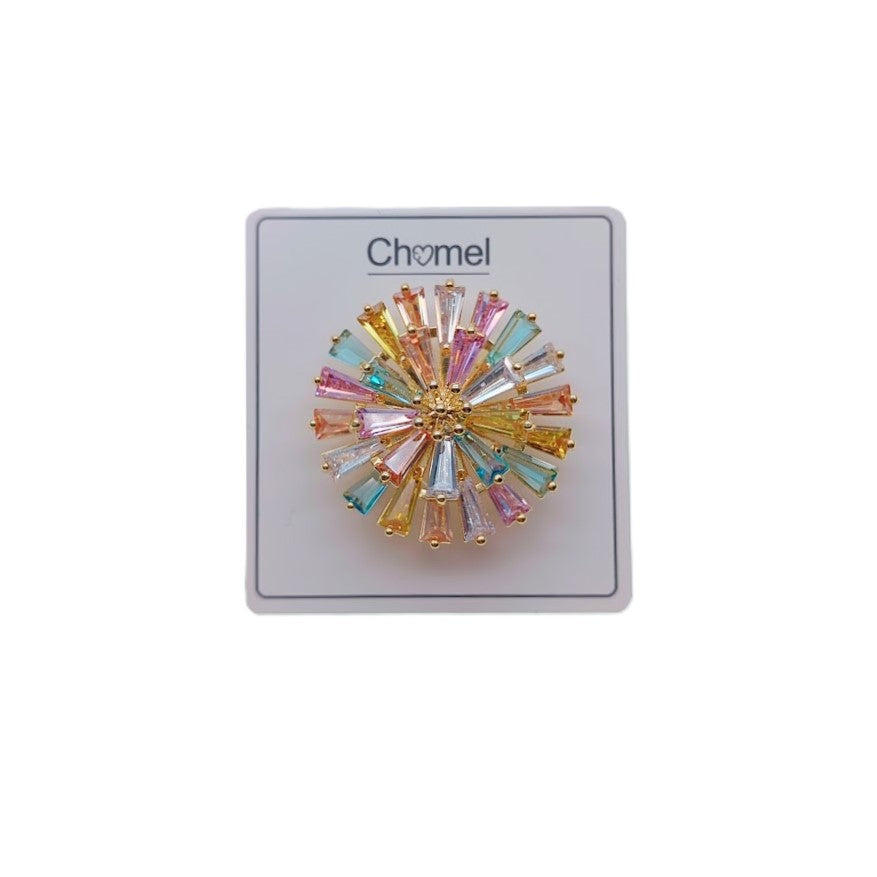 Round pastel cubic zirconia brooch with gold plating and C clasp closure, 3.5cm diameter