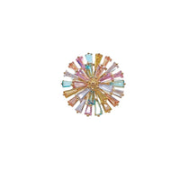 Gold plated round cubic zirconia brooch with pastel stones, 3.5cm diameter, C clasp closure