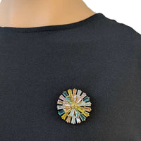 Round pastel cubic zirconia brooch with gold plating and C clasp closure, 3.5cm diameter