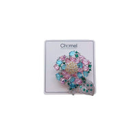 Pastel pink and blue cubic zirconia flower brooch with green stone leaves, rhodium plated, 3.6x5cm