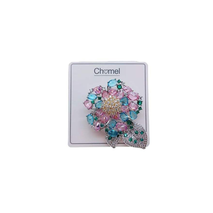 Pastel pink and blue cubic zirconia flower brooch with green stone leaves, rhodium plated, 3.6x5cm