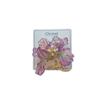 Cubic Zirconia Brooch with iridescent purple flower petals, gold-tone outlines and pearl-like center stones.