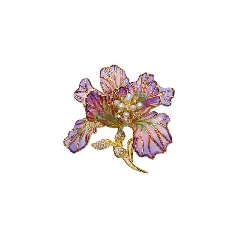 Purple enamel flower cubic zirconia brooch gold plated with pin clasp, 5.2cm by 5.7cm