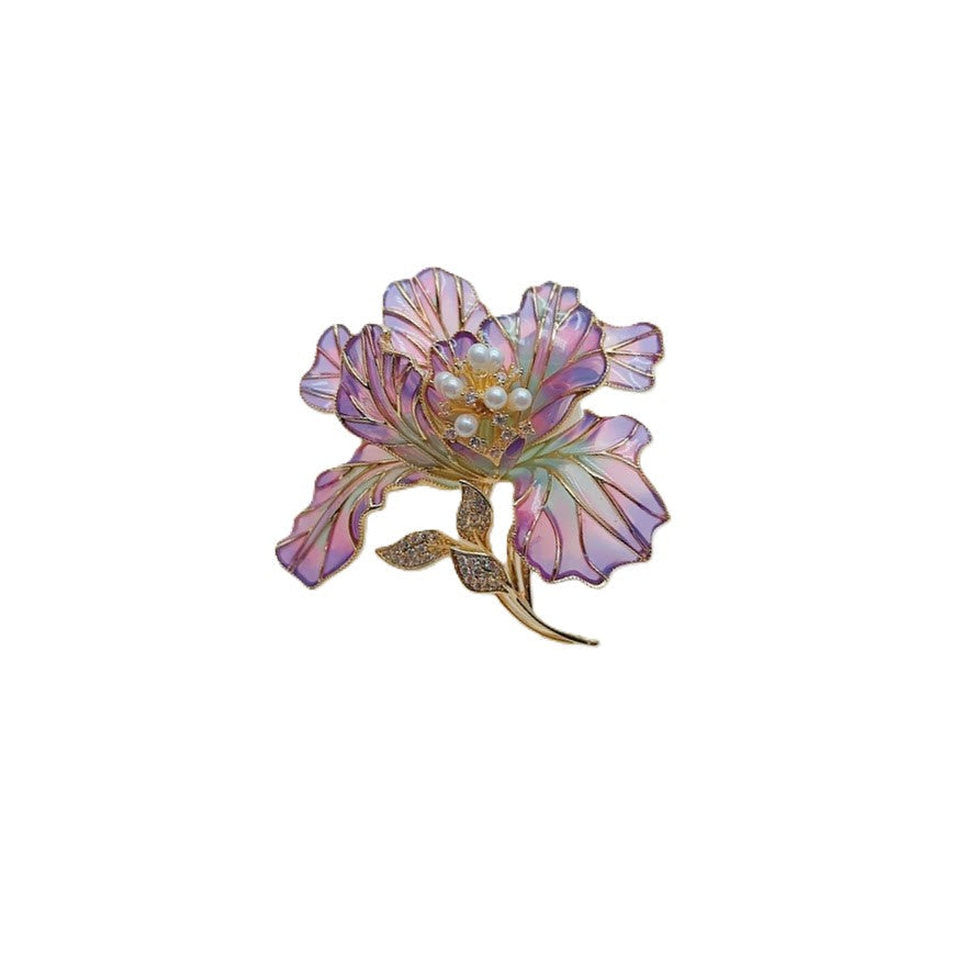 Flower Cubic Zirconia Brooch with iridescent pink-purple enamel petals, gold-tone leaf details and pearl-like accents.