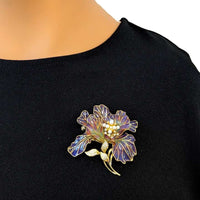 Purple enamel flower cubic zirconia brooch gold plated with pin clasp closure