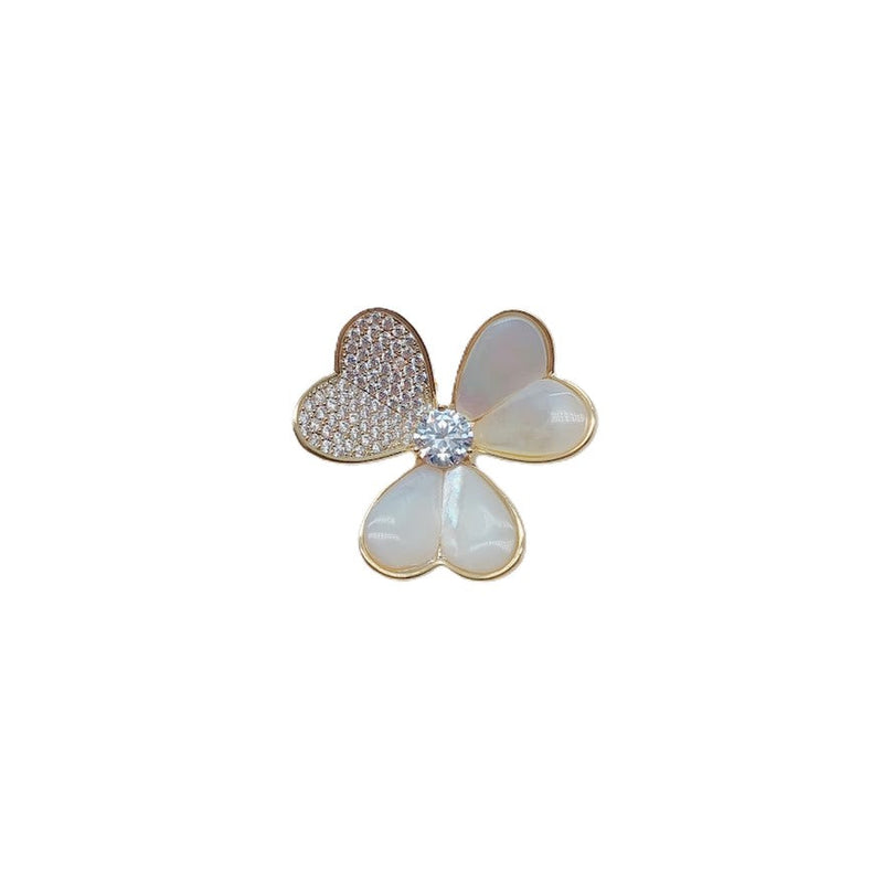 Gold-plated 3 leaf clover brooch with cubic zirconia and mother of pearl accents