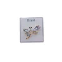 Gold plated dragonfly cubic zirconia brooch with single flower accent and pin clasp closure