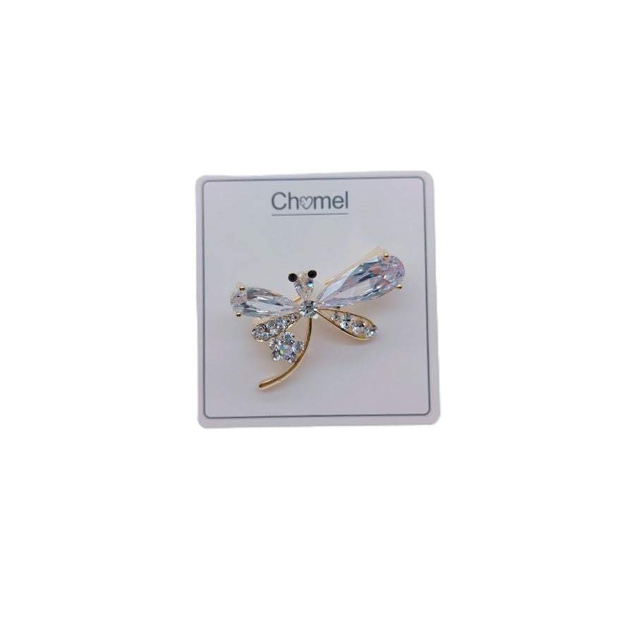 Gold plated dragonfly cubic zirconia brooch with single flower accent and pin clasp closure