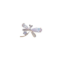 Gold plated dragonfly cubic zirconia brooch with single flower accent and C clasp closure